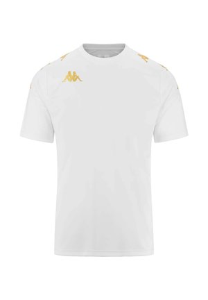 T-shirt bianca a maniche corte in cotone, con logo Kappa gialli sulle spalle e scollo rotondo. Tessuto liscio.