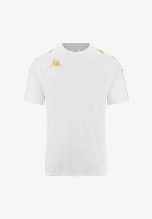 T-shirt bianca a maniche corte in cotone, con logo Kappa gialli sulle spalle e scollo rotondo. Tessuto liscio.