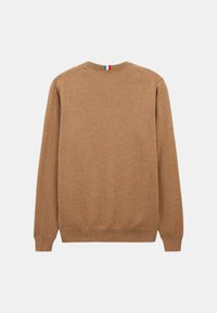 Pull en maille marron avec un col rond, des poignets et un ourlet côtelés. Présente un petit détail de rayure tricolore au dos du col. Texture douce.