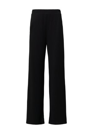 Pantalon large noir en tissu doux avec une taille élastique. Le design présente une texture lisse sans motifs ni accents visibles.