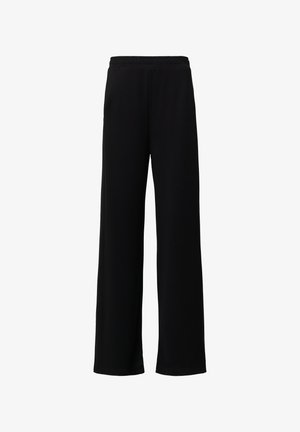 Schwarze, weit geschnittene Hose aus weichem Stoff mit einem elastischen Bund. Das Design weist eine glatte Textur auf und hat keine sichtbaren Muster oder Akzente.