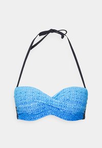 Top de bikini à motifs bleus avec un design torsadé, des bretelles noires en halter, et une finition lisse et texturée passant d'un bleu clair à un bleu foncé.