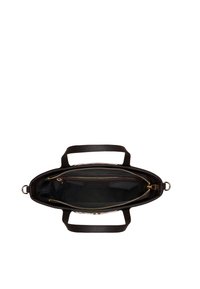 Mørkebrunt læder handsker med to korte håndtag. Indersiden har guld lynlåse og en glat stofforing. Rundet form, elegant design.