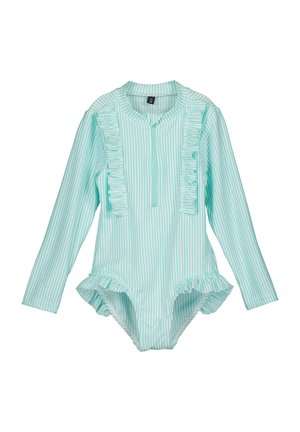 Jasnoniebieski kostium kąpielowy z długim rękawem, z białymi pionowymi paskami, z falbankami wzdłuż zamka z przodu i otworów na nogi, wykonany z elastycznego materiału.