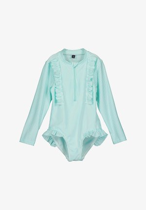 Jasnoniebieski kostium kąpielowy z długim rękawem, z białymi pionowymi paskami, z falbankami wzdłuż zamka z przodu i otworów na nogi, wykonany z elastycznego materiału.