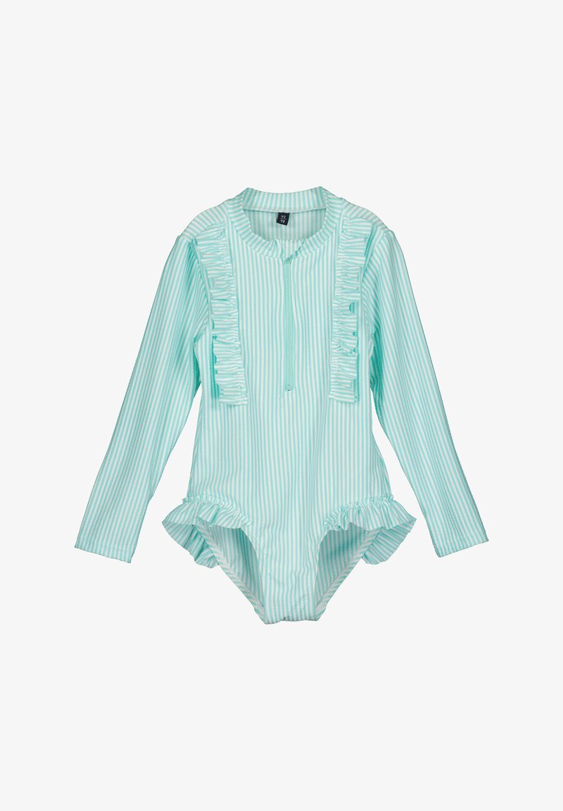 Maillot de bain à manches longues de couleur bleu clair avec des rayures verticales blanches, détails en volants le long de la fermeture éclair à l'avant et des ouvertures pour les jambes, fabriqué dans un matériau extensible.
