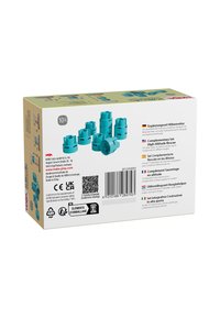 Tien teal plastic connectors in verschillende hoogtes, ontworpen voor bouwen en experimenten, weergegeven op een rechthoekige kartonnen verpakking.