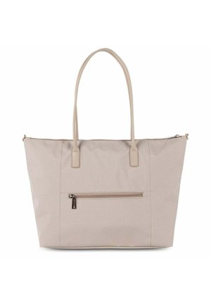 Borsa tote beige realizzata in un tessuto resistente, dotata di due manici lunghi, una tasca frontale con zip e dettagli cuciti per una maggiore struttura.