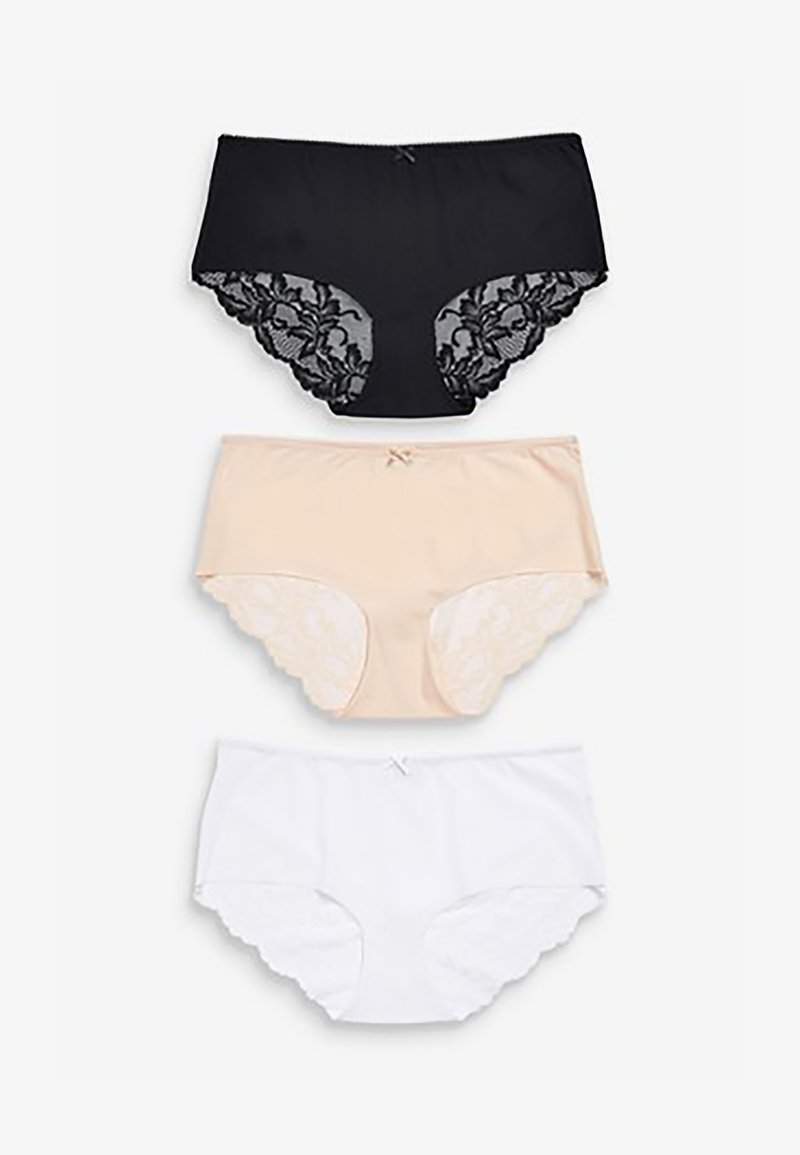 Three pairs of women’s underwear: black with lace accents, nude with floral lace edges, and white with scalloped lace trim, all brief style.