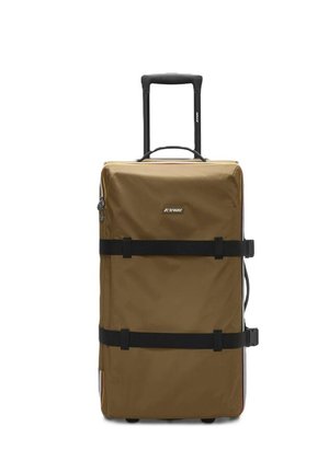 Valigia morbida marrone con cinghie nere regolabili, manico telescopico e maniglia per il trasporto, marchiata K-Way sul davanti.