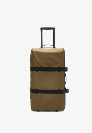 Valigia morbida marrone con cinghie nere regolabili, manico telescopico e maniglia per il trasporto, marchiata K-Way sul davanti.