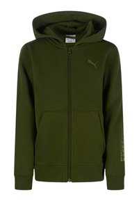 Felpa con zip di colore verde scuro, tasche frontali, logo Puma sul petto e testo "Athletics Sportswear" sulla manica sinistra.