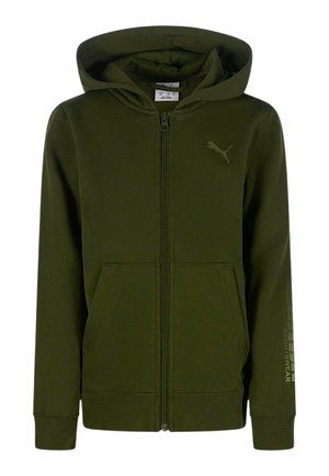 Felpa con zip di colore verde scuro, tasche frontali, logo Puma sul petto e testo "Athletics Sportswear" sulla manica sinistra.