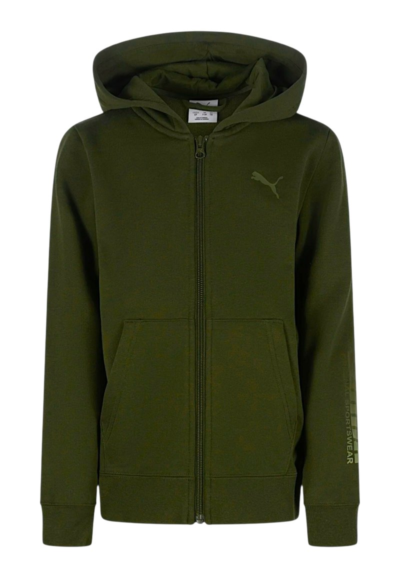 Felpa con zip di colore verde scuro, tasche frontali, logo Puma sul petto e testo "Athletics Sportswear" sulla manica sinistra.