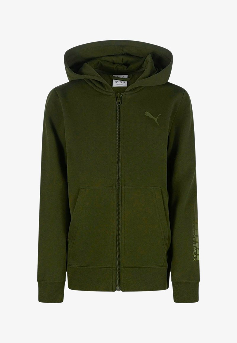 Felpa con zip di colore verde scuro, tasche frontali, logo Puma sul petto e testo "Athletics Sportswear" sulla manica sinistra.