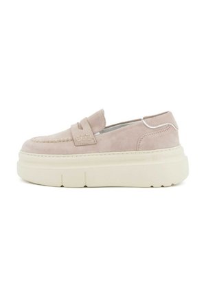 Scarpe slip-on in suede rosa chiaro con suola piattaforma bianca spessa, caratterizzate da un dettaglio cucito e una piccola fascia sulla tomaia.