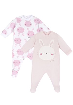 Zwei Babystrampler: einer weiß mit pinken Hasengesichtern, der andere sanft rosa mit einem Hasengesicht-Graphic. Beide haben lange Ärmel und Druckknopfverschlüsse.