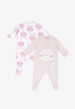 Deux sous-vêtements pour bébés : l'un blanc avec des visages de lapins roses, l'autre rose doux avec un graphique de visage de lapin. Les deux ont des manches longues et des fermetures à pression.