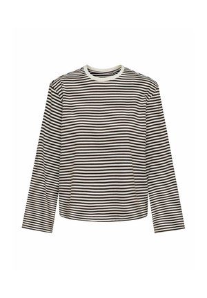 Camisa de manga larga con rayas horizontales negras y blancas y un cuello redondo blanco sobre un fondo liso.