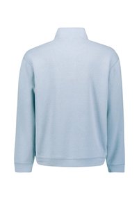 Lichtblauwe pullover met een hoge kraag, lange mouwen en een zachte textuur. Geen zichtbare logo's of patronen. Eenvoudig, strakke ontwerp.