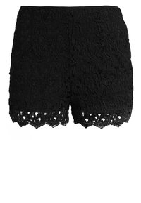 Shorts de encaje negro con patrón floral, dobladillo festoneado y detalles intrincados. El material presenta una apariencia tejida y texturizada.