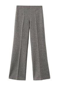 Pantalones de pierna ancha grises, hechos de una tela texturizada, que presentan pliegues delanteros y un corte recto, diseñados para un ajuste cómodo.