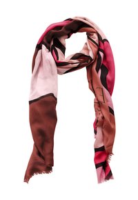 Sciarpa decorata con sfumature di rosa, marrone e nero. Realizzata in tessuto morbido, con bordi frangiati e elementi di design astratti.