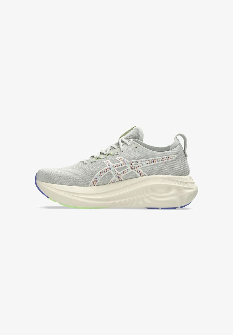 Light grey athletic shoe with a textured upper, colorful accent detailing, thick white midsole, and purple outsole.
