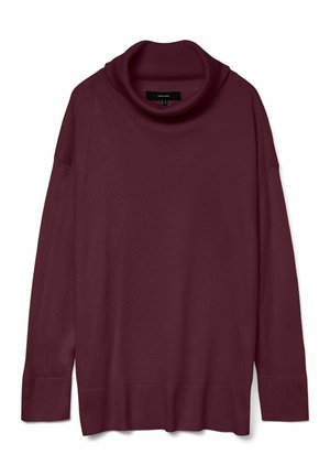 Bordowy sweter z golfem, wykonany z miękkiego materiału, o luźnym kroju, z opadającymi ramionami i szerokimi mankietami o gładkiej fakturze.