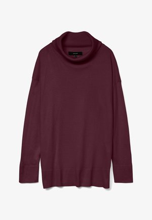 Bordowy sweter z golfem, wykonany z miękkiego materiału, o luźnym kroju, z opadającymi ramionami i szerokimi mankietami o gładkiej fakturze.