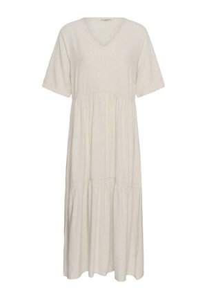 Helebeežikas midi kleit lühikeste varrukatega, V-kaelusega, kogutud taljega ja kihilise seelikuga, valmistatud pehmest kangast.