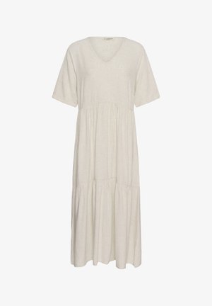 Helebeežikas midi kleit lühikeste varrukatega, V-kaelusega, kogutud taljega ja kihilise seelikuga, valmistatud pehmest kangast.