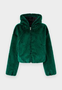 Grüne Kunstfell-Shortjacke mit Kapuze, ausgestattet mit einem Reißverschluss und langen Ärmeln, weicher Textur und ohne sichtbare Muster.