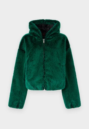 Zaļš mākslīgās kažokādas īsais džemperis ar kapuci, ar rāvējslēdzēju un garām piedurknēm, mīksta tekstūra un bez redzamām rakstu zīmēm.