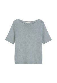 Hellgrauer Strickpullover mit rundem Ausschnitt, kurzen Ärmeln und geripptem Saum. Aus weichem Stoff mit glatter Textur gefertigt.