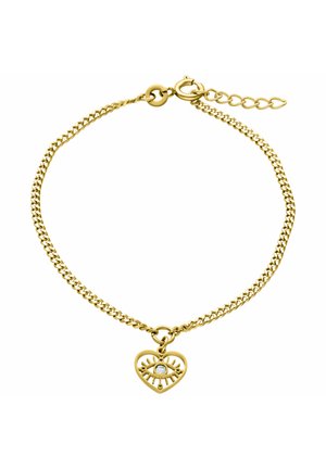Goldkettchen-Armband mit einem herzförmigen Anhänger, der ein Augendesign und einen kleinen mittigen Edelstein zeigt, gesichert mit einem Federringverschluss.