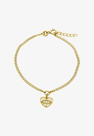 Goldkettchen-Armband mit einem herzförmigen Anhänger, der ein Augendesign und einen kleinen mittigen Edelstein zeigt, gesichert mit einem Federringverschluss.