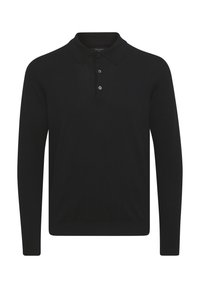 Polo noir à manches longues en tissu tricoté, doté d'un col classique, d'une patte de boutonnage à trois boutons et de poignets côtelés.