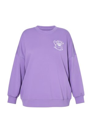 Sudadera oversize lavanda con puños y bajo acanalados, con un gráfico blanco de un teléfono de disco vintage y el texto "No me llames" en el pecho.