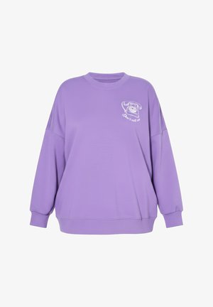 Sudadera oversize lavanda con puños y bajo acanalados, con un gráfico blanco de un teléfono de disco vintage y el texto "No me llames" en el pecho.