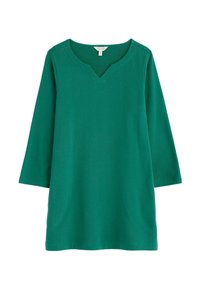 Groene tuniek met lange mouwen en een V-hals, gemaakt van zachte katoen. Heeft een ontspannen pasvorm en minimale naden. Glad oppervlak zonder patronen.