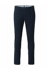 Chinos ajustés bleu marine en coton, avec une fermeture par bouton, un motif subtil sur la taille et une coupe droite.