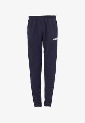 Marineblauwe trainingsbroek van zachte stof, met een elastische tailleband, zijzakken met rits en een wit logo op de linkerdij.