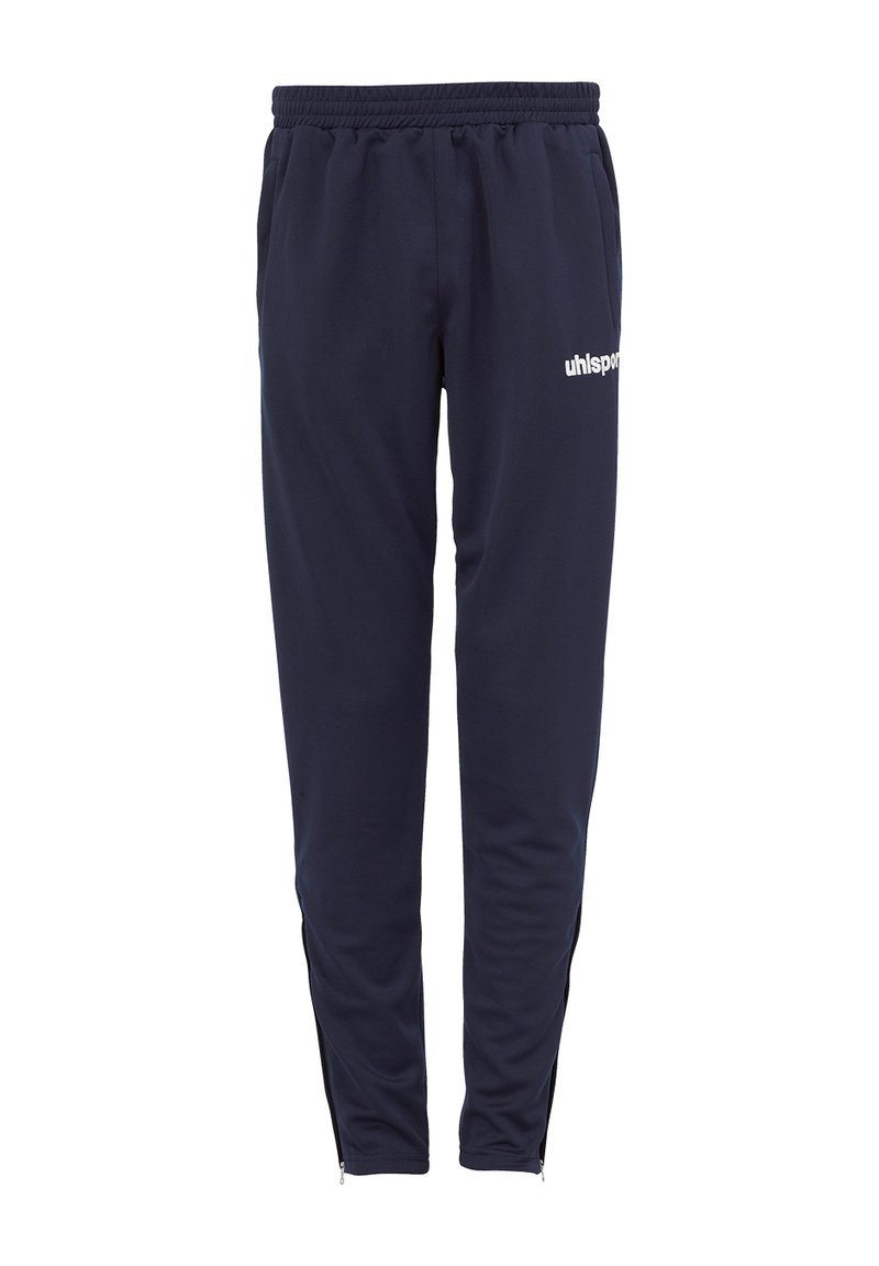 Marineblauwe trainingsbroek van zachte stof, met een elastische tailleband, zijzakken met rits en een wit logo op de linkerdij.