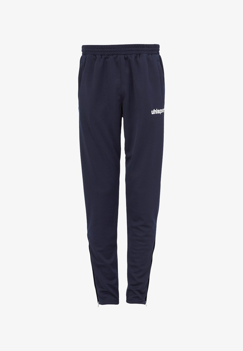 Marineblauwe trainingsbroek van zachte stof, met een elastische tailleband, zijzakken met rits en een wit logo op de linkerdij.