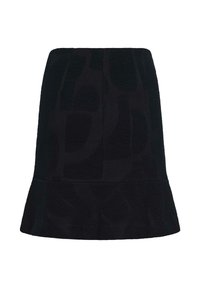 Jupe noire texturée avec un ourlet évasé, ornée d'un motif de formes géométriques en relief. Fabriquée en tissu doux et extensible.