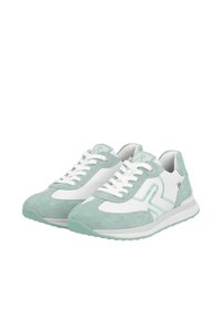 Baskets en suede vert clair avec des panneaux en maille blanche, bout rond et semelle rembourrée. Comprend un système de laçage et un accent logo.