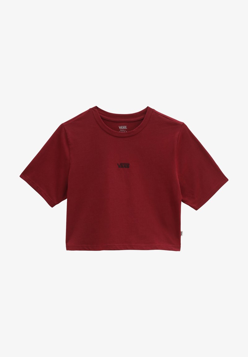 T-shirt rouge raccourci en coton. Manches courtes et col rond. Logo "VANS" brodé en noir sur la poitrine.