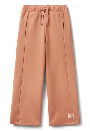 Pantalons de survêtement à coupe décontractée en tissu doux, couleur pêche. Présente une taille élastique avec cordon de serrage, deux poches latérales et une petite étiquette logo.