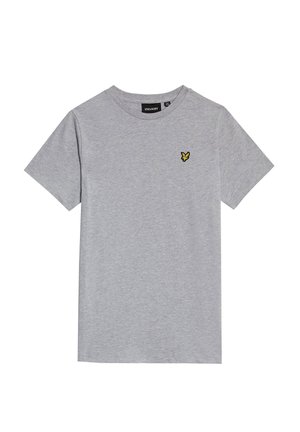 Simpel lysegrå T-shirt med korte ærmer med en lille gul og sort fuglelogo på venstre bryst og en rund halsudskæring.